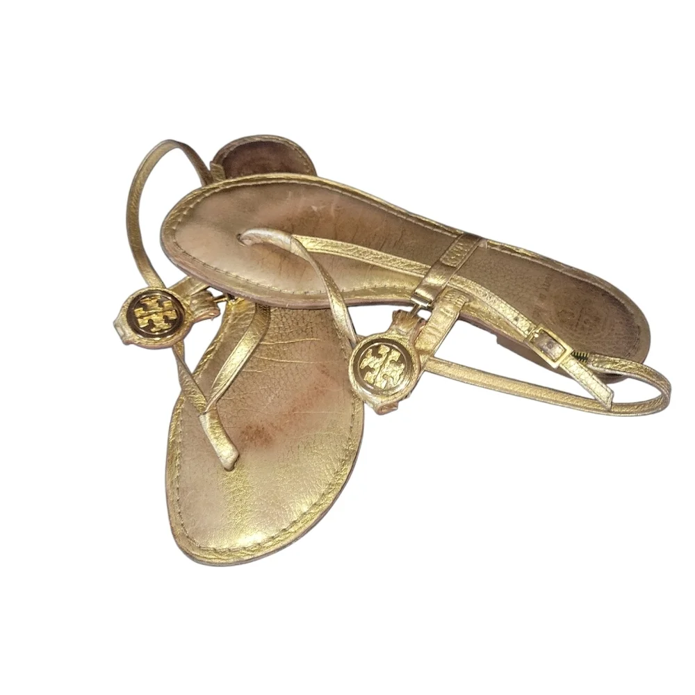 Tory Burch Women's Equestrain Gold Metallic Sumner Thong Flat Leather Sandals 7